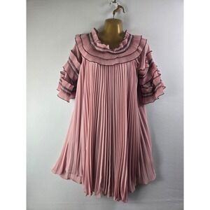 N BY Nancy Pink Pleated Ruffle Mini Dress Womens M Short Sleeve Tiered Chiffon